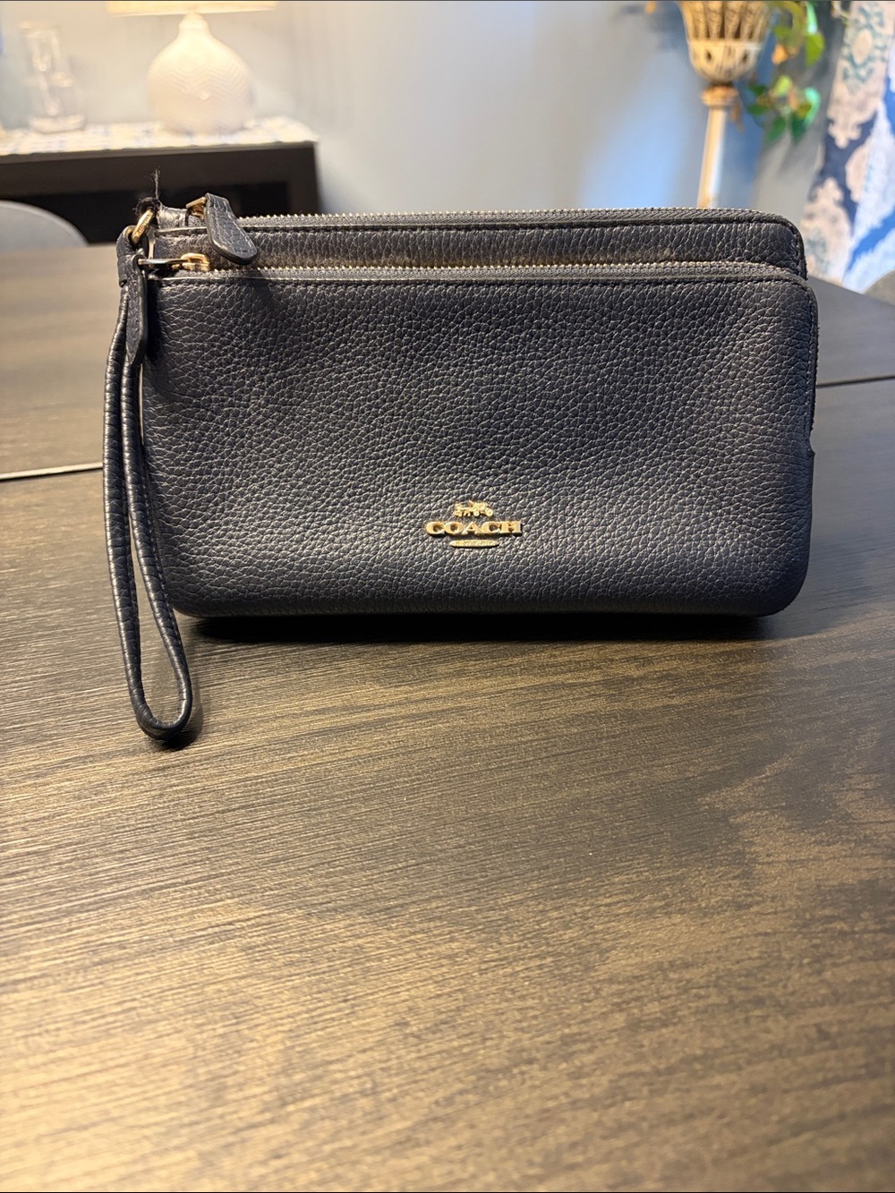 Coach Pebbled Leather Double Zip Wallet Wristlet in Midnight Navy Blue (C5610)